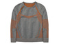 Ein grauer Sportpullover mit orangefarbenen Details.