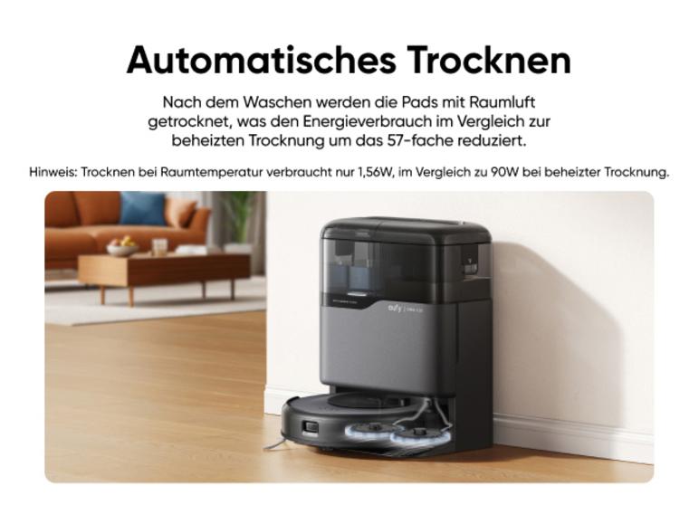 Saugroboter mit Entleerungsstation, automatische Trocknung der Pads mit Raumluft.
