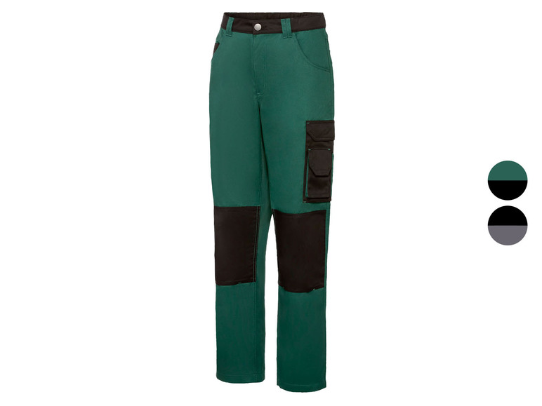 Grüne Arbeitshose mit schwarzen Details.
