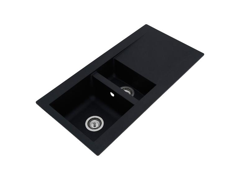 Schwarze Küchenspüle mit zwei Becken und Abtropffläche