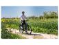 Mann auf E-Bike auf einem Feldweg neben einem Rapsfeld.