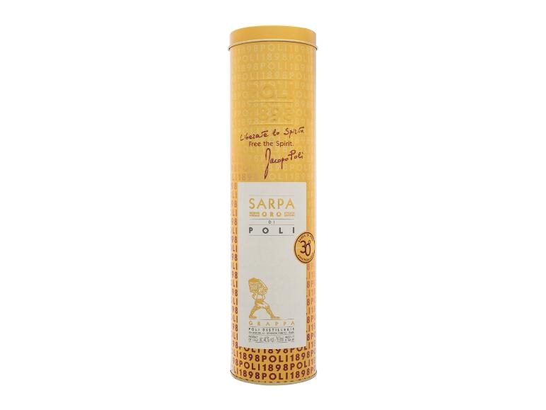 Poli Sarpa Oro Grappa in einer goldfarbenen Dose, 40% vol., 700ml.