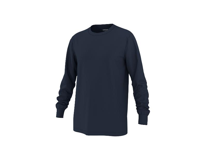 Dunkelblaues Langarm-T-Shirt mit Rundhalsausschnitt, präsentiert auf weißem Hintergrund.