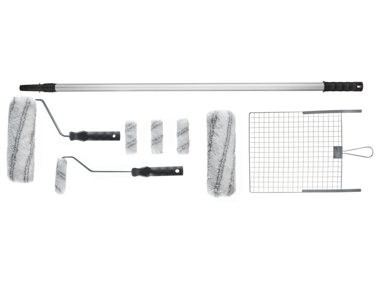 Ein Set Farbrollen, eine Verlängerung und ein Gitter.