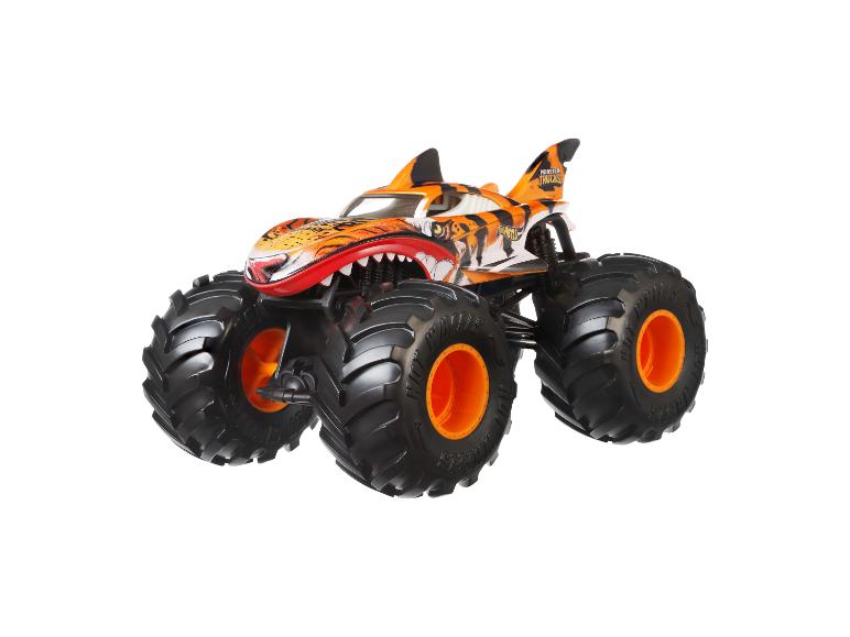 Orange-schwarzer Monstertruck Spielzeug mit Tigerstreifen und Haifischzähnen