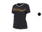 Schwarzes Sport-T-Shirt mit roten, gelben und grauen Querstreifen auf der Brust.