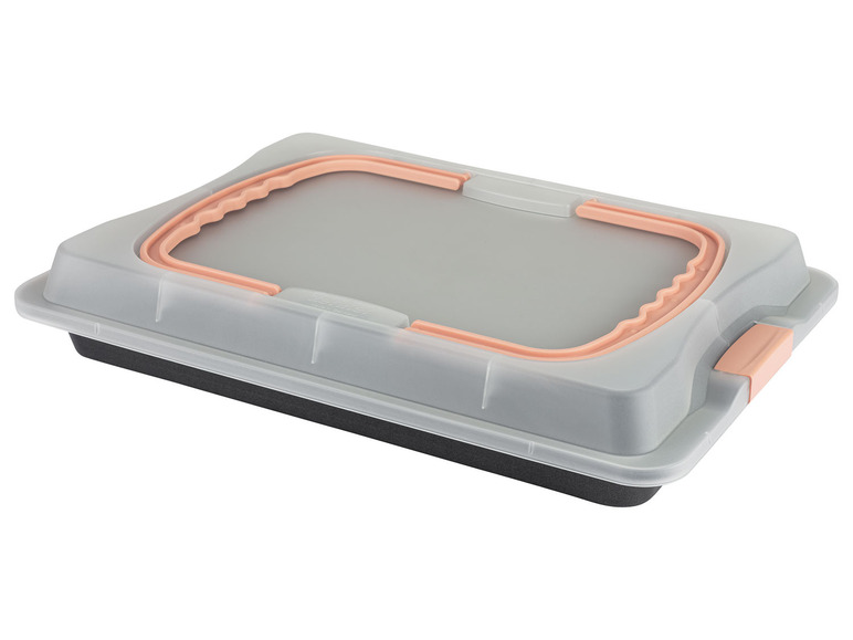 Eine graue Backform mit Deckel, geeignet zum Backen.