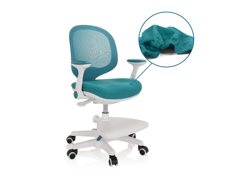 Türkisfarbener ergonomischer Bürostuhl mit Netzrückenlehne und Nahaufnahme des Stoffes