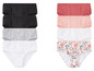 Ein Set mit acht Damen-Unterhosen, darunter schwarze, graue und weiße Exemplare, mit einer Unterhose mit Blumenmuster.