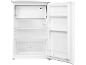 Offener weißer Kühlschrank mit Temperaturregler, Obst-/Gemüsefach und Flaschenzone.