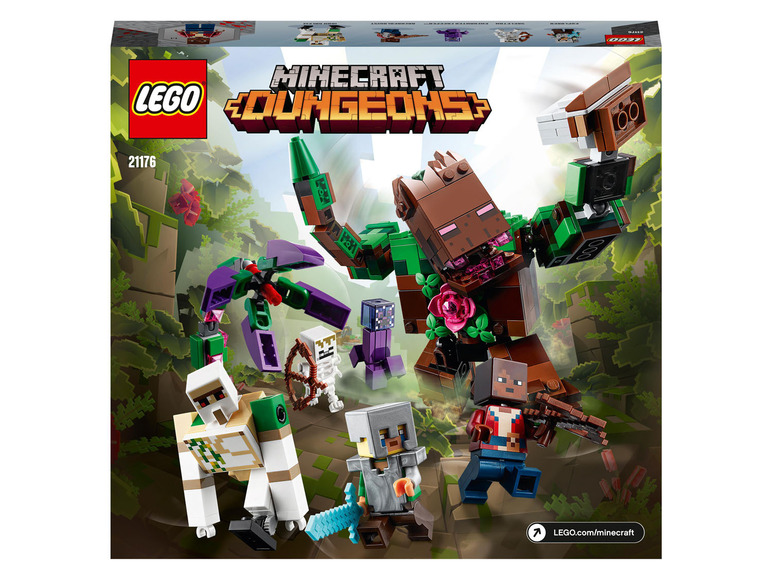 LEGO Minecraft Dungeons-Set mit einem Krieger, einem Skelett und einem Schneeflockenmonster.
