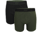 Zwei Herren-Boxershorts: eine schwarze und eine dunkelgrüne, mit elastischen Bündchen