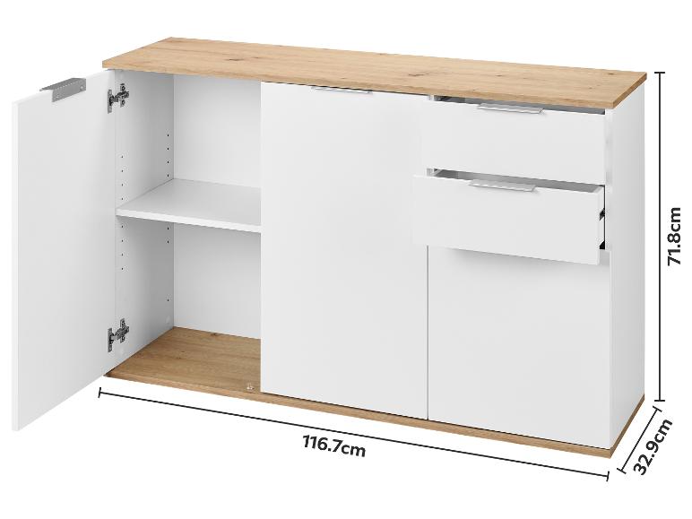 Weißes und hölzernes Sideboard mit Türen und Schubladen, Maße 116,7 cm breit, 71,8 cm hoch und 32,9 cm tief.