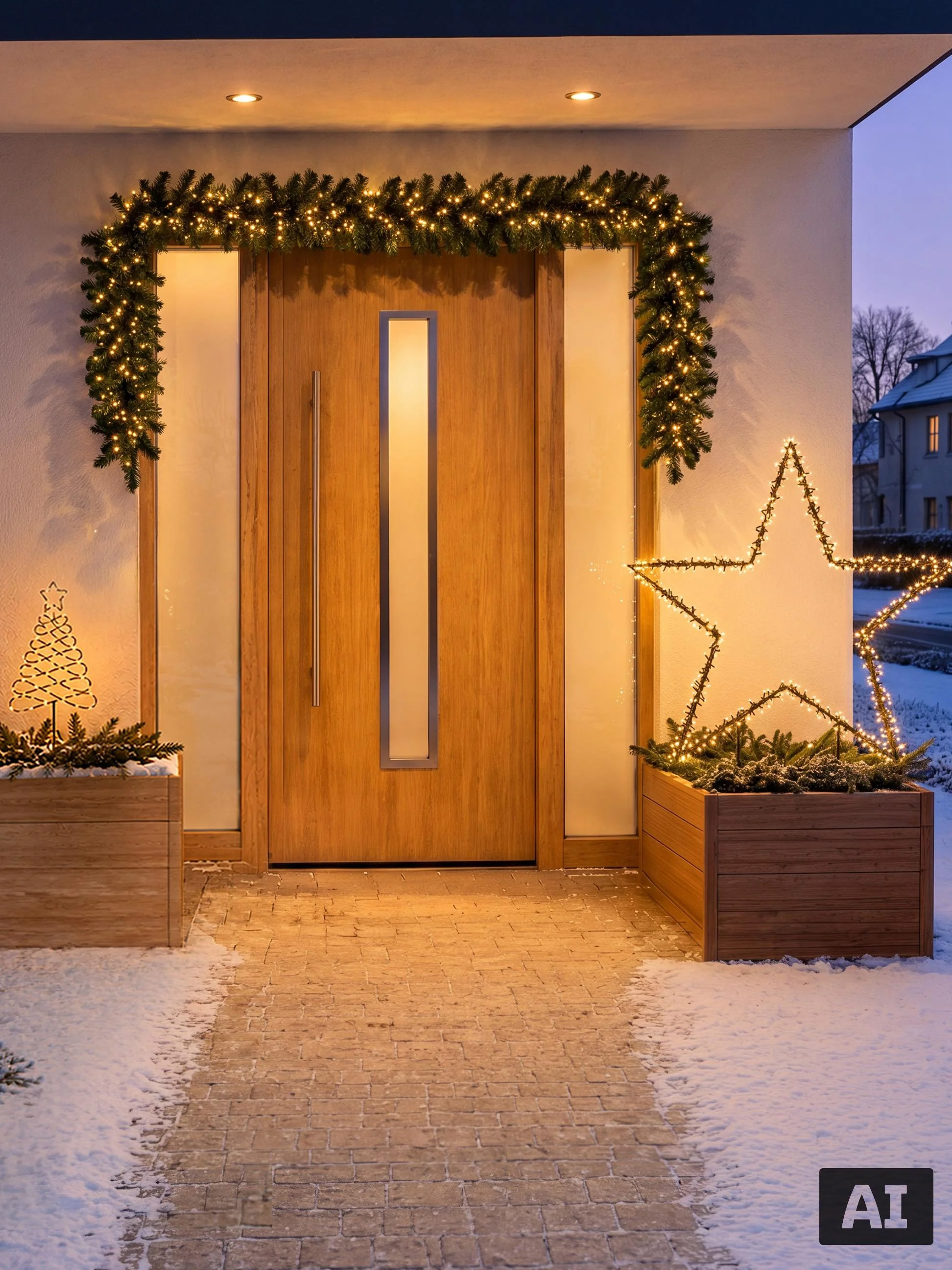 Holzhaustür dekoriert mit Weihnachtsgirlande und einem leuchtenden Stern im Pflanzkübel.