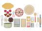 Backspielset mit Kuchen, Beeren, Utensilien und Zutaten.