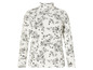 Ein weißes Langarmshirt mit schwarzem Blumenmuster.