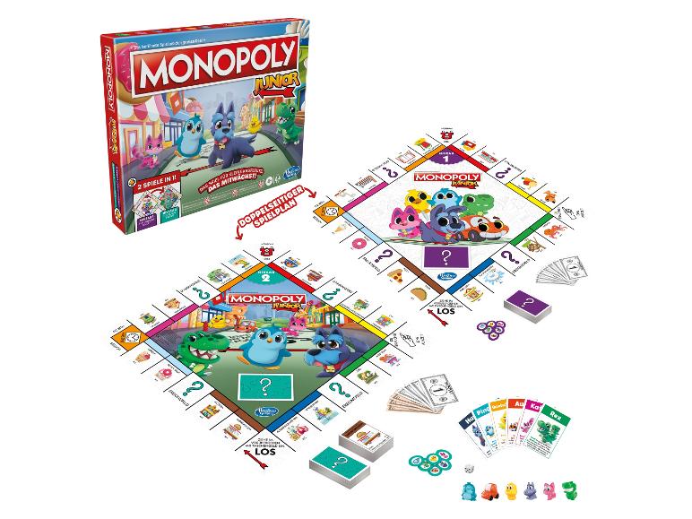 Monopoly Junior Brettspiel mit zwei Spielplänen und Tierfiguren.
