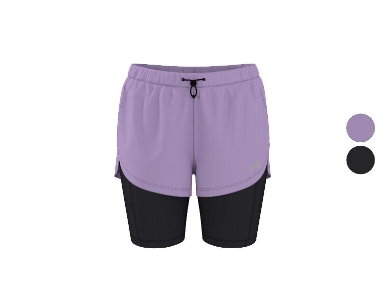 Lila und schwarze 2-in-1-Sporthosen mit Kordelzug.
