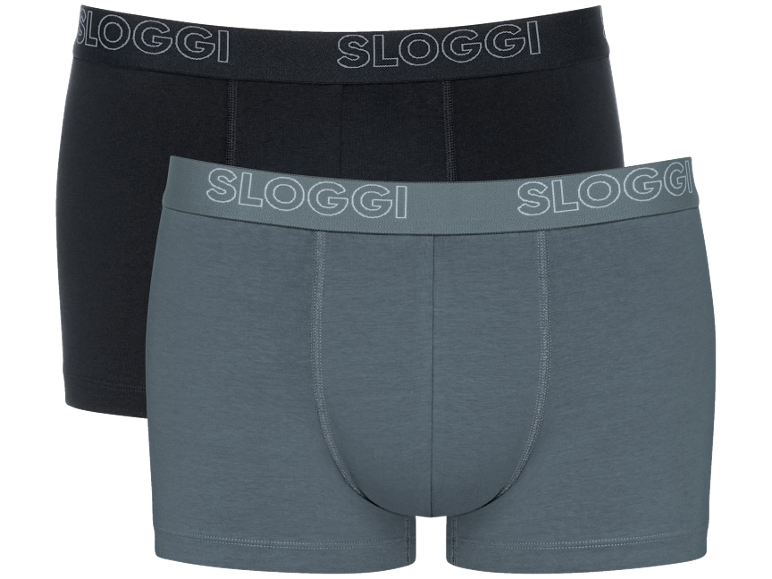 Zweierpack Herren-Boxershorts: eine schwarze und eine graue, beide mit Logo am Bund.