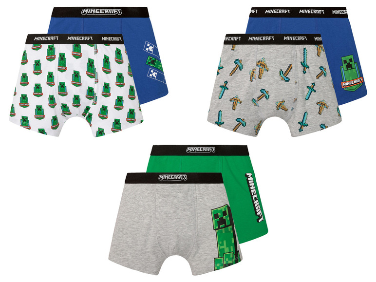 Drei Minecraft Boxershorts mit Creeper-, Schwert- und Spitzhacken-Designs.