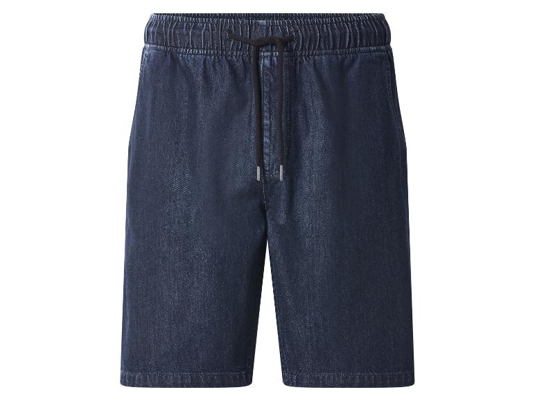 Dunkelblaue Jeans-Shorts mit elastischem Bund und Kordelzug.