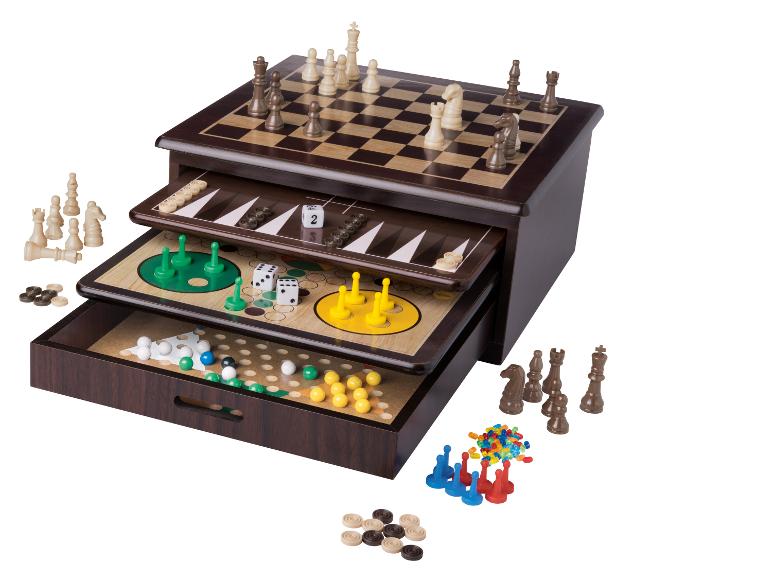 Holz-Brettspielset mit Schach, Backgammon, Ludo und Dame.