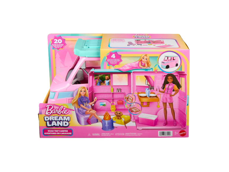 Rosa Spielzeug-Wohnmobil mit Figuren und Zubehör in der Verpackung.