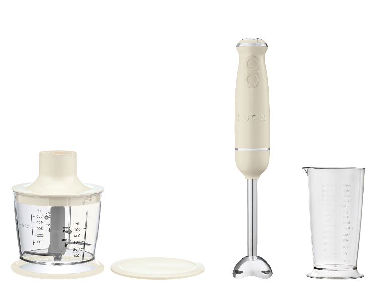 Cremefarbener Stabmixer mit Zerkleinerer und Messbecher im Retro-Stil.