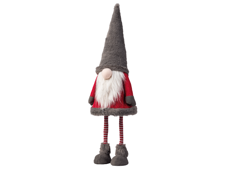 Weihnachtswichtel-Dekoration mit grauem Hut, weißem Bart, rotem Oberteil und gestreiften Beinen