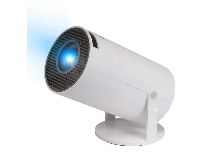 Weißer Miniprojektor mit Lichtstrahl auf einem Standfuß