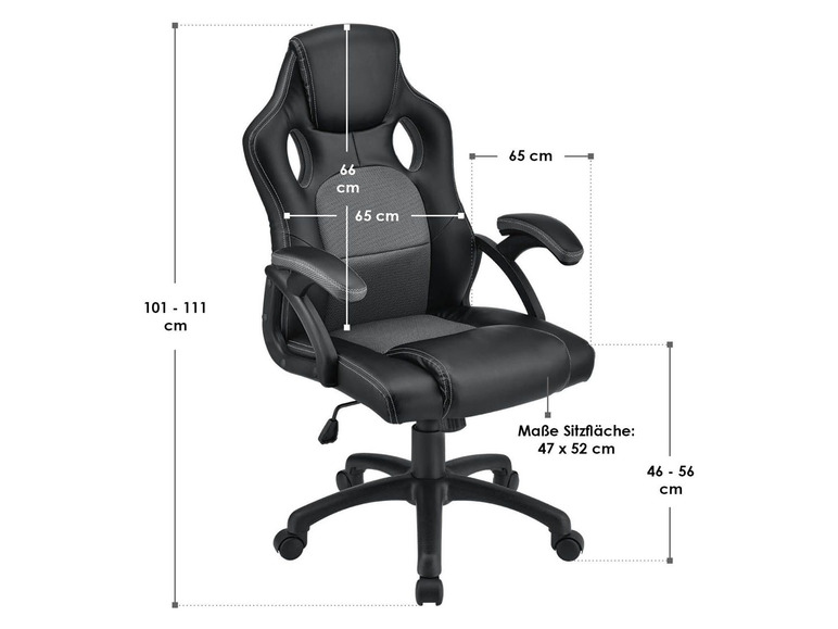 Schwarzer Bürostuhl mit Armlehnen und Rollen.