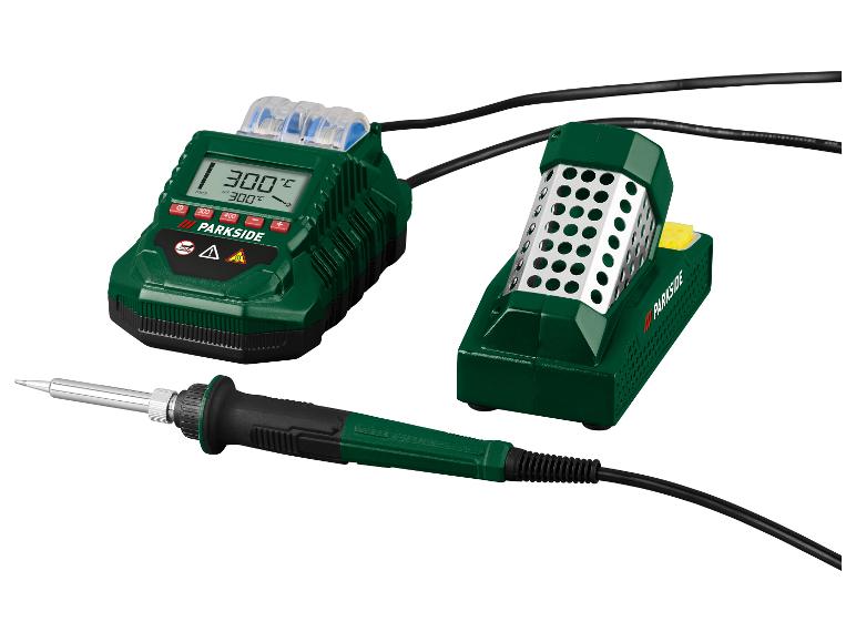 Lötstation mit Digitalanzeige, Lötkolben und Ständer, zeigt 300°C an.