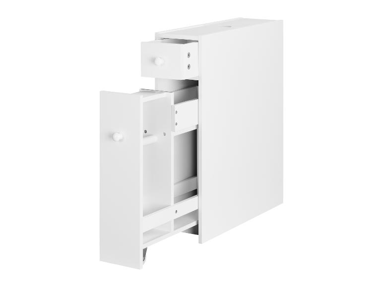 Weißer, schmaler Badezimmerschrank mit ausziehbaren Schubladen und Regalen.