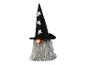 Halloween-Gnom mit schwarzem Hexenhut und grauem Bart, verziert mit leuchtenden Geistern.