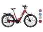 Rotes E-Bike mit Gepäckträger und Schutzblechen, mit Farboptionen an der Seite.