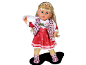 Puppe mit goldener Krone, Leopardenweste und rotem Kleid mit Schneeflocken.