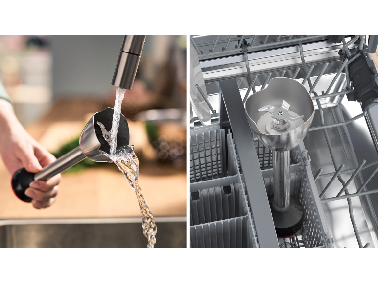 Stabmixer, der leicht unter fließendem Wasser oder in der Spülmaschine zu reinigen ist.