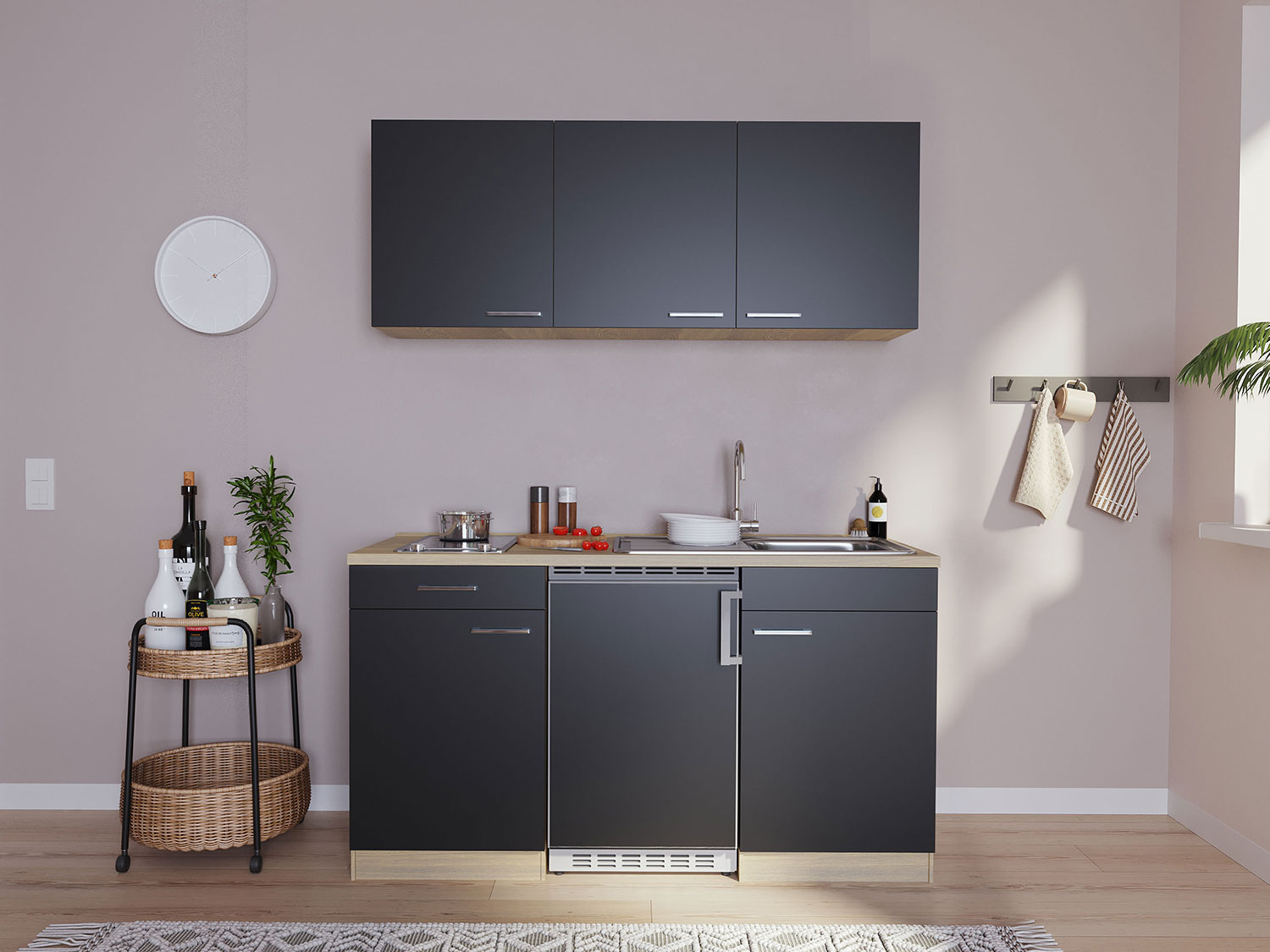 Respekta Singleküche Eiche Sonoma Sägerau 150/160/180cm (ohne Mikrowelle, schwarz / Glaskeramikkochfeld, Breite 150cm) | 04260344974047