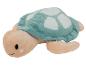 Plüschschildkröte, beige und mintgrün, mit gestickten Augen und rosa Wangen.