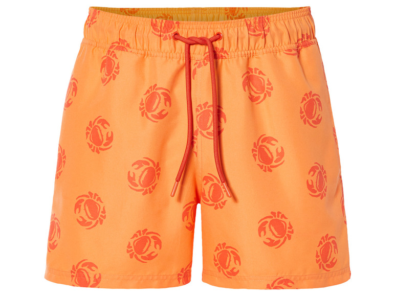 Orangefarbene Badehose mit rotem Krabbenmuster.