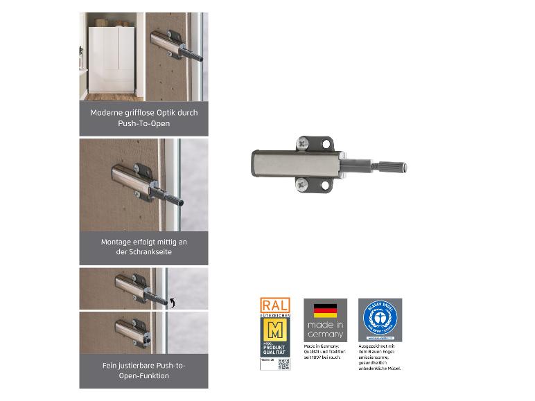 Push-to-Open-Mechanismus für grifflose Möbel, mit Qualitäts- und Umweltzertifizierungen.