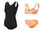 Schwarzer Einteiler und orangefarbener Rüschen-Bikini