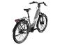 Graues E-Bike mit Gepäckträger und Schutzblechen, von hinten und der Seite gesehen.