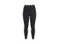 Schwarze Damen-Sportleggings mit hoher Taille und kleinem grauem Logo am linken Oberschenkel.