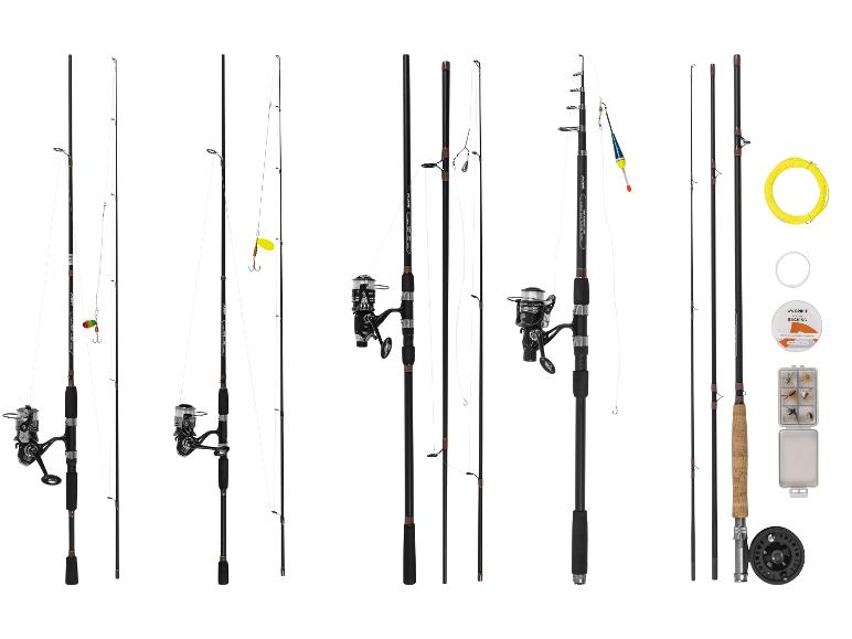 Angelruten mit Rollen, Schnüren und Zubehör wie Posen und Ködern.
