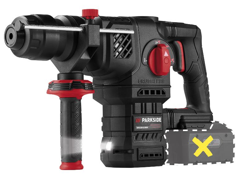 Schwarz-roter Akku-Bohrhammer mit Tiefenanschlag und einem mit X markierten Akku.