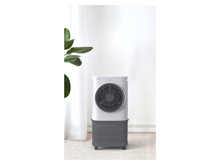 Ein weißer und grauer Luftkühler steht auf einem Teppich neben einer grünen Pflanze und einem weißen Vorhang.