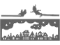 Schwarze dekorative Silhouette von Peter Pan und Naseweis über einer Skyline der Stadt.