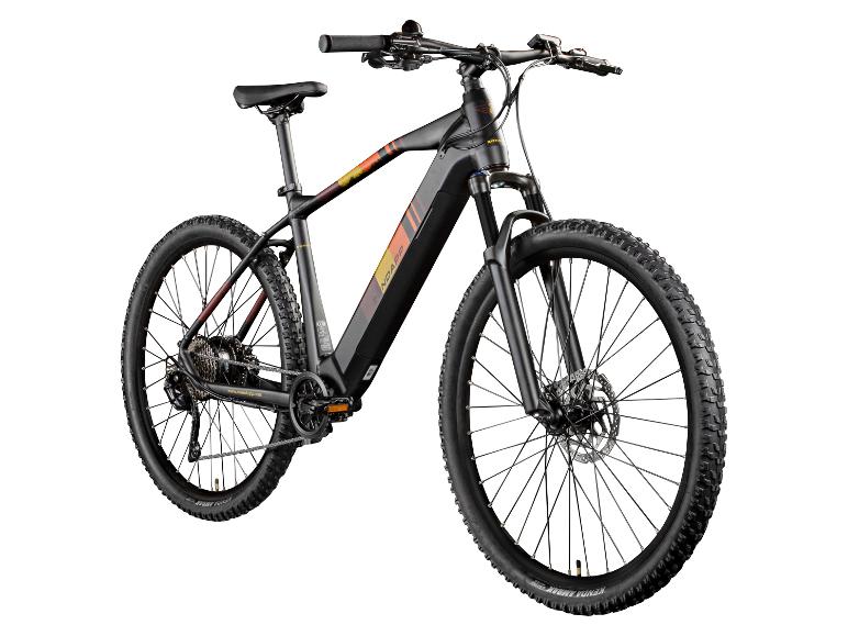 Ein schwarzes Zündapp E-Mountainbike mit grobstolligen Reifen.