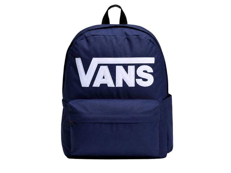 Dunkelblauer Rucksack mit großem, weißem Logo auf der Vorderseite.